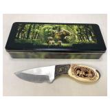 Carved Handle Fixed Blade Knife with Tin
