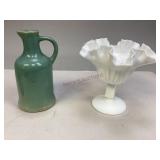 Vintage Ceramic Cruet & Milk Glass Ruffled Compote