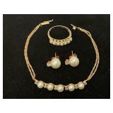 14K/10K Gold and Pearl Bracelet, Ring and Earrings