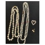 14K Gold and Pearl Necklaces, Earrings and Pin