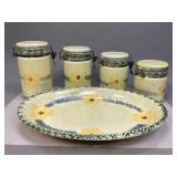 Yellow Ceramic Platter & Set of Four Canisters