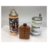 German Porcelain Beer Steins & Pocket Flask