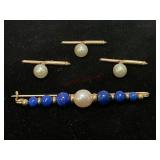 14K Gold and Pearl Cufflinks and Tie Clip