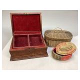 Vintage Jewelry Box & Weaved Sewing Baskets