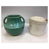 Vintage Stoneware Lidded Crock & Two Handled Vase