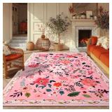 Pink Floral 6x9 Rug, Machine Washable, Non-Slip Backing