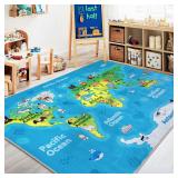 Kids Playroom Rug 4x5ft World Map Play Mat with Animals