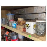 Contents of shelves miscellaneous bolts, screws, enamel, wood screws metal knockout seals