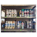 Contents of shelf misc rust-oleum cans.