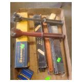 lot containing 2 vintage Huntington-style grinding wheel dressers manufactured by the Desmond-Stephan Manufacturing Company of Urbana, and several hacksaw blades