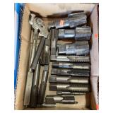Box of assorted large thread, taps, and pipe bender