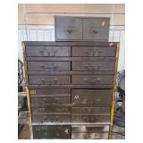 1 12 drawer metal cabinet with misc screwdrivers, nuts, bolts and connectors. 1 small card filing drawer