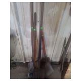 lot containing 3 shovels , 1 pitch fork and 1 axe