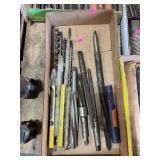 Box of assorted wood, bits, and reamers