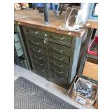 military-style parts cabinet with wood top