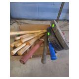 lot contains 16 various sizes wooden hammer handles, 2 wheels, 2 paint brushes