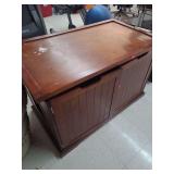 Wooden cat box cabinet with 2 litter Genie cat litter disposal systems.