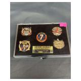 John Elway Hall of Fame pin set and a small Bronco sign