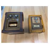 Two vintage coin banks with dial locks. Codes on box.