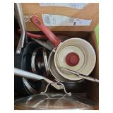 misc kitchen supplies ,ninja pans ,greenlife pans, presto pizza oven. Baking pans, lightbulbs and bowls.