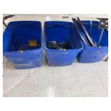 3 blue totes of miscellaneous items