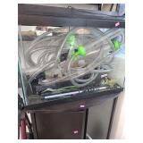 lot contains an approximately 20 gallon fish  tank with stand, cleaning hoses, fish net, tank decorations,  fish food, filters, tank light, chemical for water treatment,  heater.