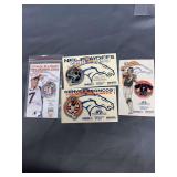 John Elway HoF pin, jersey retirement pin, game pin, and Terrell Davis pin