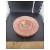 lot contains a vintage pink glass plate in the 'Sandwich pattern, originally produced by Indiana Glass and sold by Tiara Exclusives.