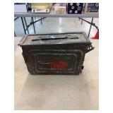 Small metal file box and small ammo can with electric drill and wood bits