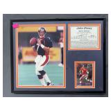 John Elway image, stats and a trading card, matted and framed