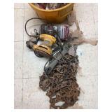 Bucket with Dewalt sander, assorted chains, and other items