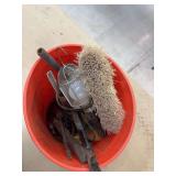 Bucket with shop light and other items