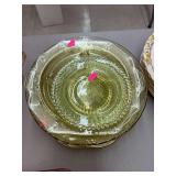 Vintage yellow Depression glass grill plates and mixed depression glass