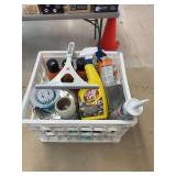 Small crate of misc items, spray-on adhesive and drywall repair products