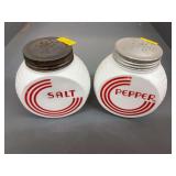 vintage 1940s Anchor Hocking Vitrock milk glass salt and pepper shakers with a red ring design
