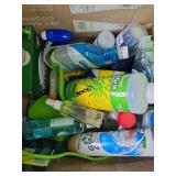 Box of cleaning supplies, drain cleaner, pet shampoo, dish soaps and more.