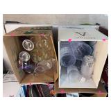 2 boxes of plastic and glass cups, cocktail glasses