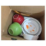 Box with glass and wooden dishes.