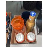 Flat of bronco mugs and collectible beers