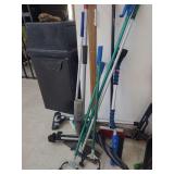 lot contains 3 Unger nifty nabbers, broom, Rubbermaid floor cleaner, paint roller with pole, umbrella,  camera stand, floor vc attachment. car window cleaner and ice scrapper.