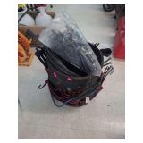 lot contains a 5gal contractor bucket with liner . bucket contains yard tools, sprinkler and drip line parts and hose, metal and plastic stakes.