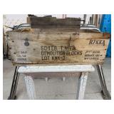 2 wooden boxes and a burlap sack