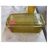 vintage amber federal glass refrigerator dish with a lid