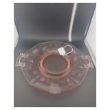 lot contains a vintage pink depression glass platter, typically featuring an octagonal shape and two side handles.