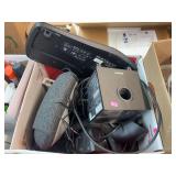 Box of miscellaneous computer cords, speakers, keyboard