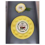 Vintage egg dish and 2 small ceramic Farmhouse Yellow open skillets