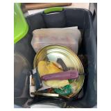 Tote of crafts and household hardware