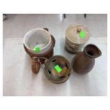 4 misc wooden and glass pot decor