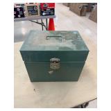 Small metal file box and small ammo can with electric drill and wood bits