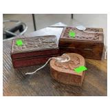2 small wooden boxes and wood heart box.